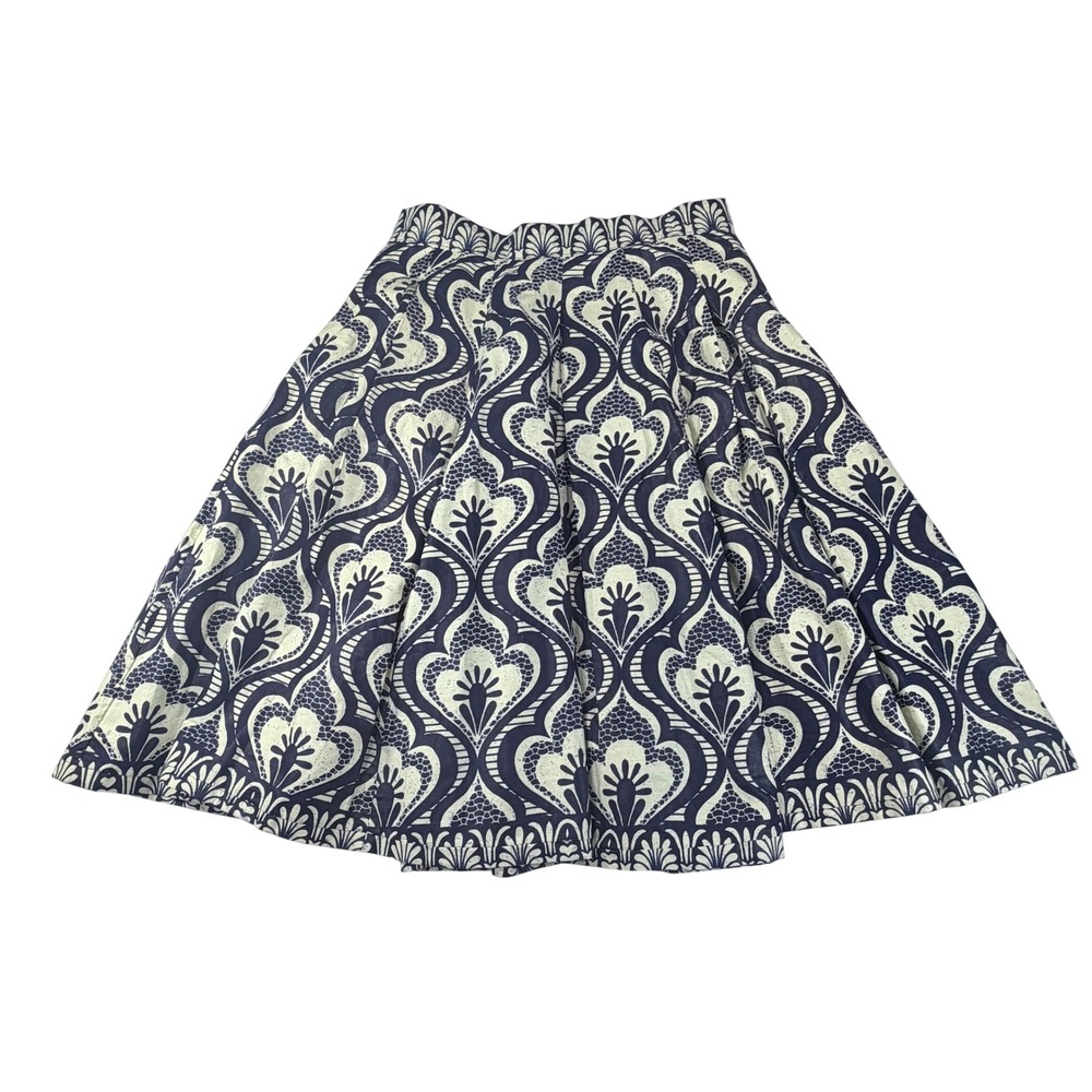 Francis + Benedict Skirt Sz M Navy Cream African Wax Print Pleated Midi Pockets